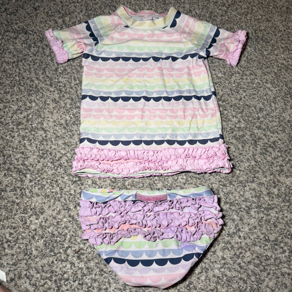 RuffleButts Girls Pastel Scallop Rash Guard and Ruffle Bottom Swimsuit Set